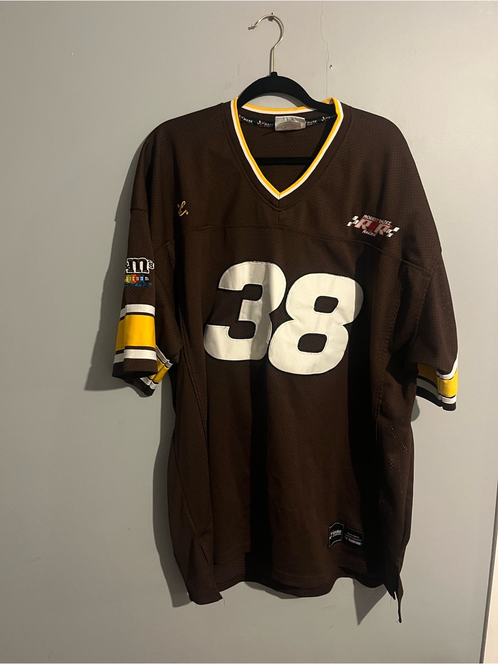Chase Authentics Brown Racing Jersey with White 38 and Yellow Trim size 3XL
